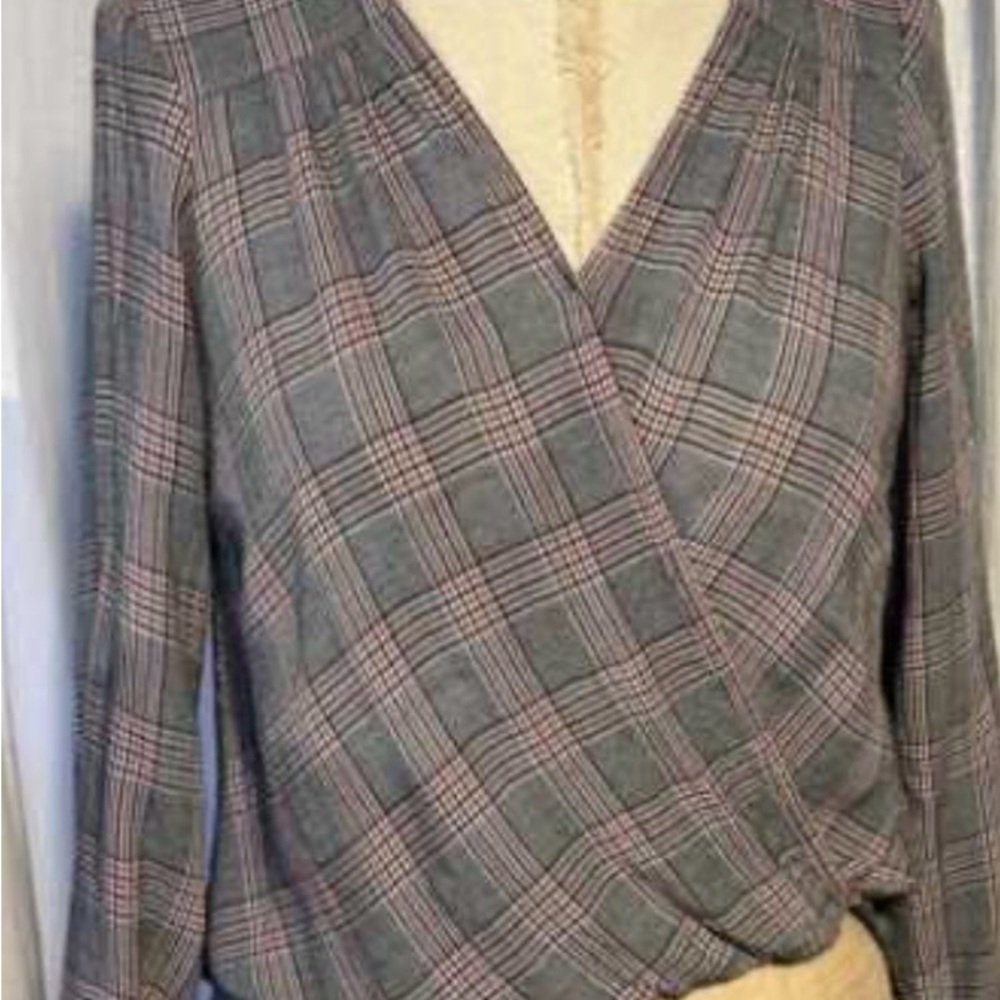 Max Studio Gray and Pink Plaid Blouse
